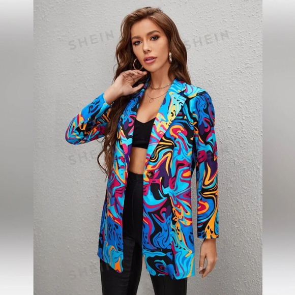 4/$25 New SHEIN Privé Graphic Print Single Button Blazer Sz M - Picture 2 of 5